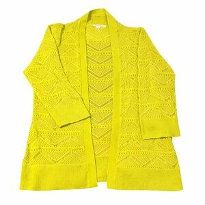 Cyrus Citrus Green Kimono Cardigan 3/4 Sleeve Chevron Crochet Medium Longline